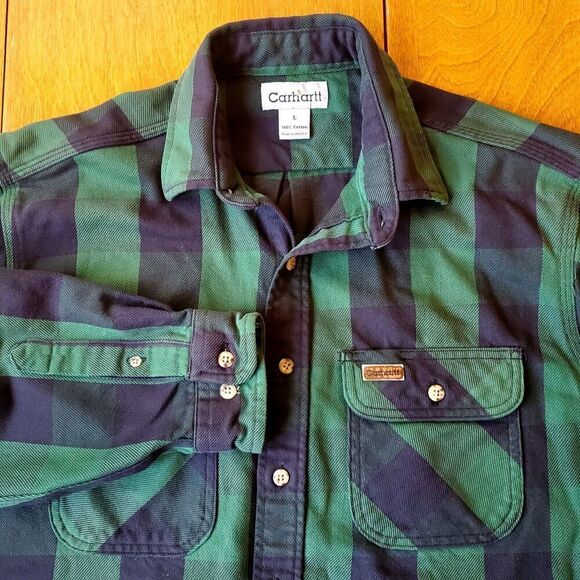 VTG Men's Carhartt Flannel Heavyweight Outdoor Work Shirt Green/Navy Plaid Large - Picture 1 of 14